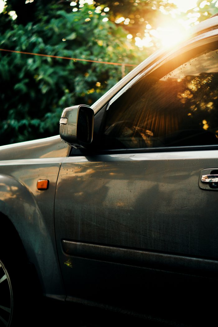 Close-up view of a car side with sunlight reflection and leafy backdrop.